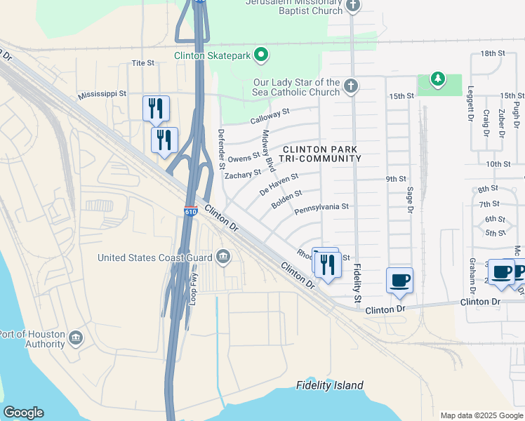 map of restaurants, bars, coffee shops, grocery stores, and more near 125 Bolden Street in Houston