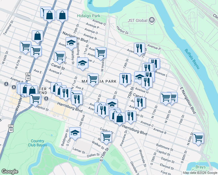map of restaurants, bars, coffee shops, grocery stores, and more near 7324 Canal Street in Houston