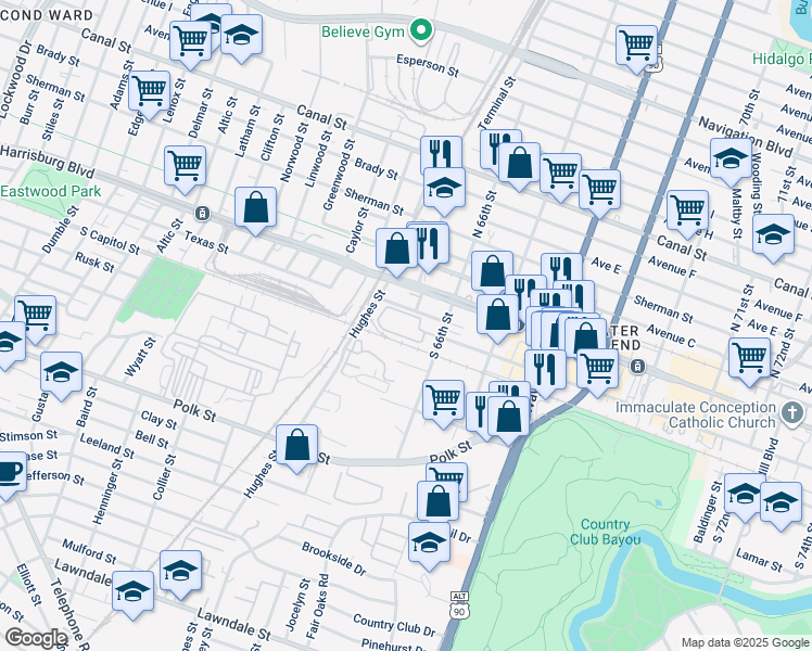 map of restaurants, bars, coffee shops, grocery stores, and more near 222 South 66th Street in Houston