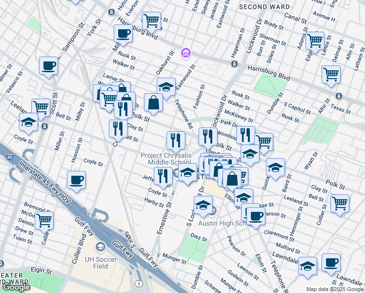 map of restaurants, bars, coffee shops, grocery stores, and more near 4428 Clay Street in Houston