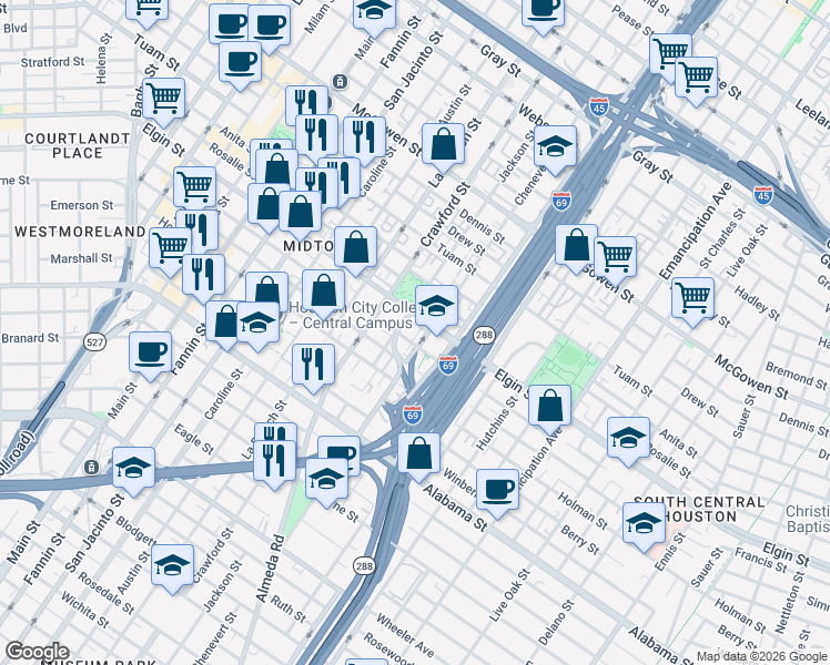 map of restaurants, bars, coffee shops, grocery stores, and more near 1629 Stuart Street in Houston