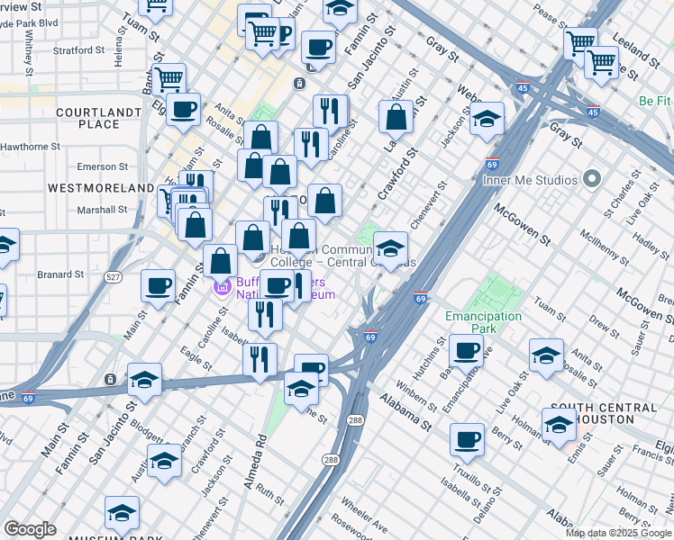 map of restaurants, bars, coffee shops, grocery stores, and more near 3318 Crawford Street in Houston