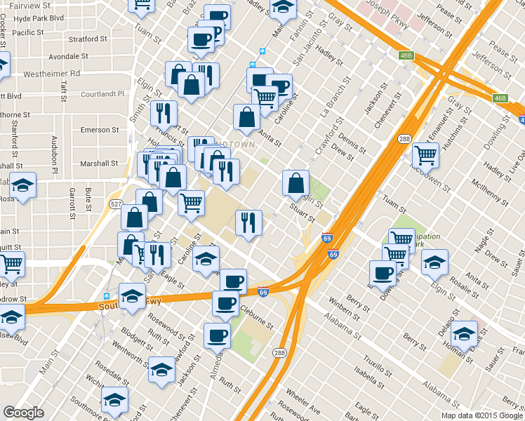 map of restaurants, bars, coffee shops, grocery stores, and more near 1413 Holman Street in Houston