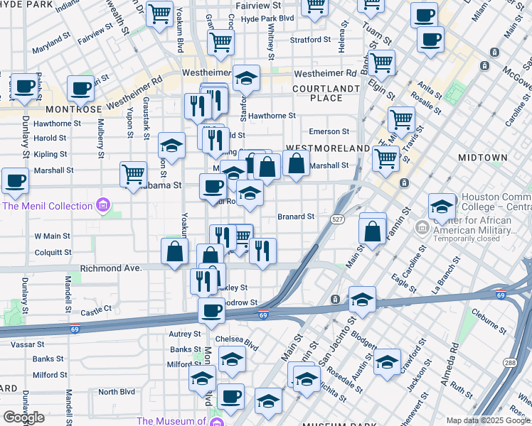 map of restaurants, bars, coffee shops, grocery stores, and more near 619 Sul Ross Street in Houston