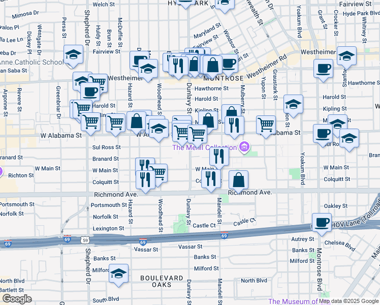 map of restaurants, bars, coffee shops, grocery stores, and more near 3833 Dunlavy Street in Houston