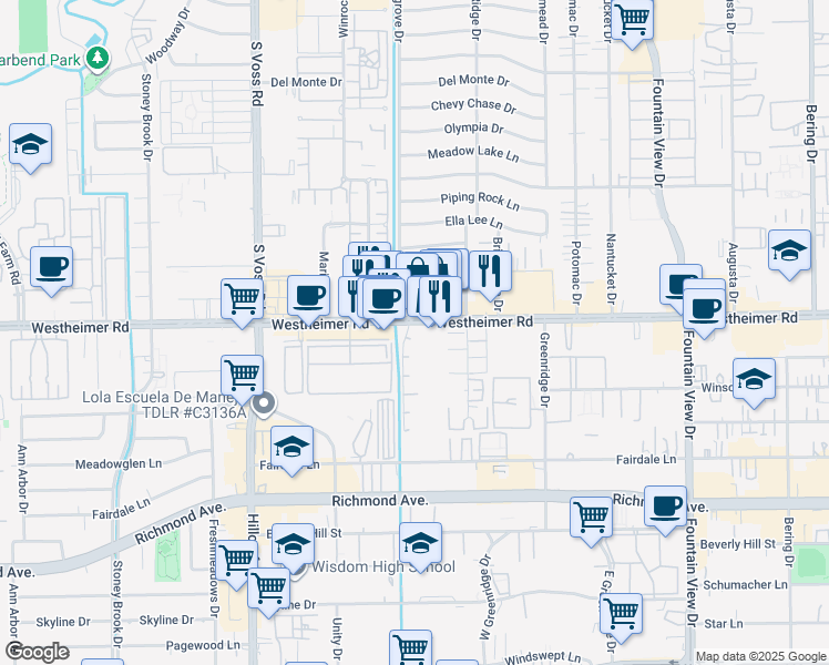 map of restaurants, bars, coffee shops, grocery stores, and more near in Houston