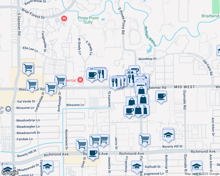 map of restaurants, bars, coffee shops, grocery stores, and more near in Houston