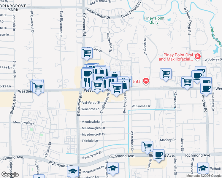 map of restaurants, bars, coffee shops, grocery stores, and more near 2700 Tanglewilde Street in Houston