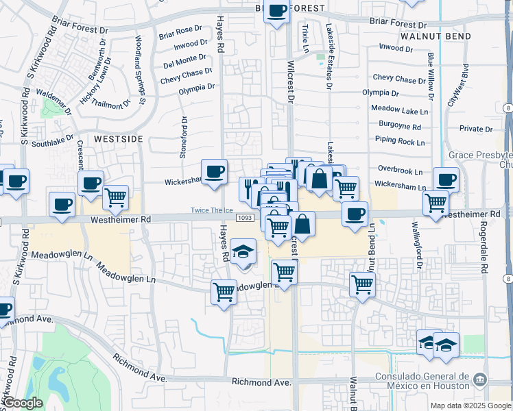 map of restaurants, bars, coffee shops, grocery stores, and more near 11200 Farm to Market 1093 in Houston