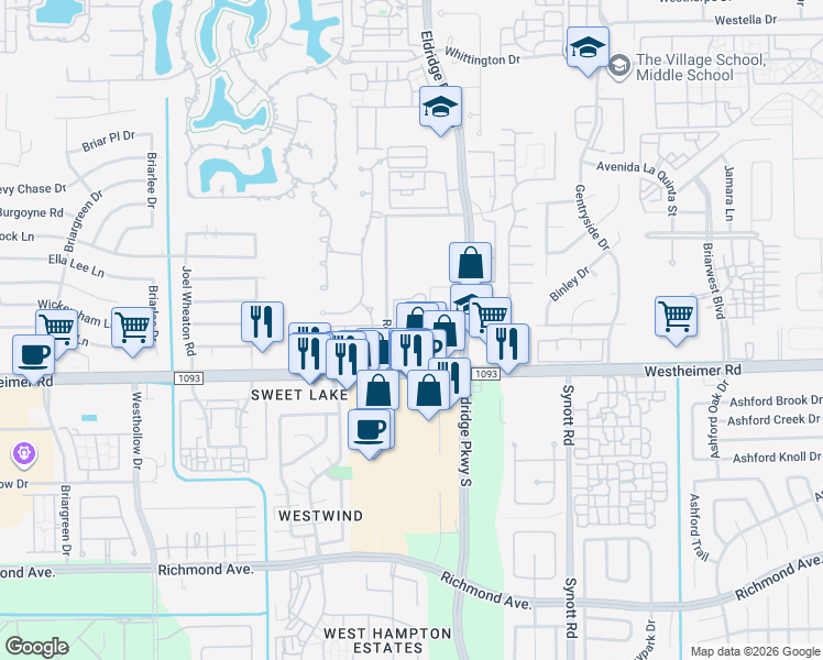 map of restaurants, bars, coffee shops, grocery stores, and more near 2427 Prairie Hill Court in Houston
