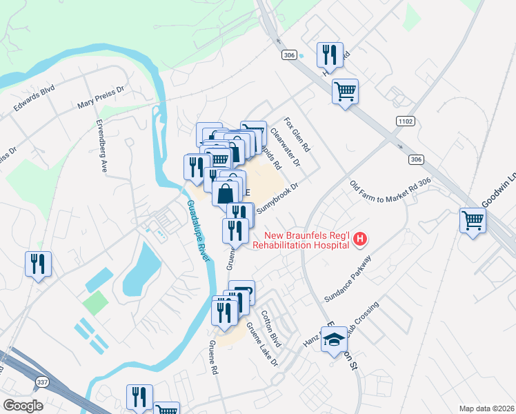 map of restaurants, bars, coffee shops, grocery stores, and more near 1625 Sunnybrook Drive in New Braunfels