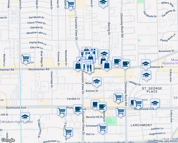 map of restaurants, bars, coffee shops, grocery stores, and more near 5851 Westheimer Road in Houston