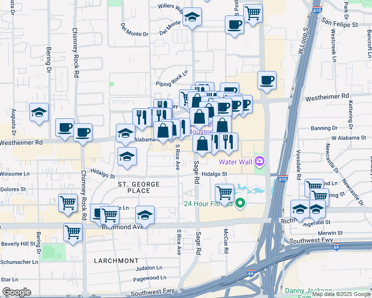 map of restaurants, bars, coffee shops, grocery stores, and more near 2800 Sage Road in Houston