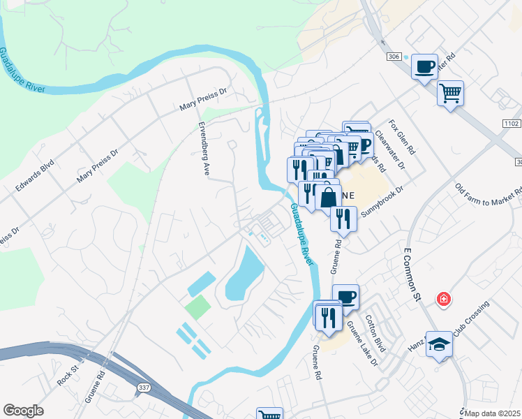 map of restaurants, bars, coffee shops, grocery stores, and more near 1404 Gruene Road in New Braunfels