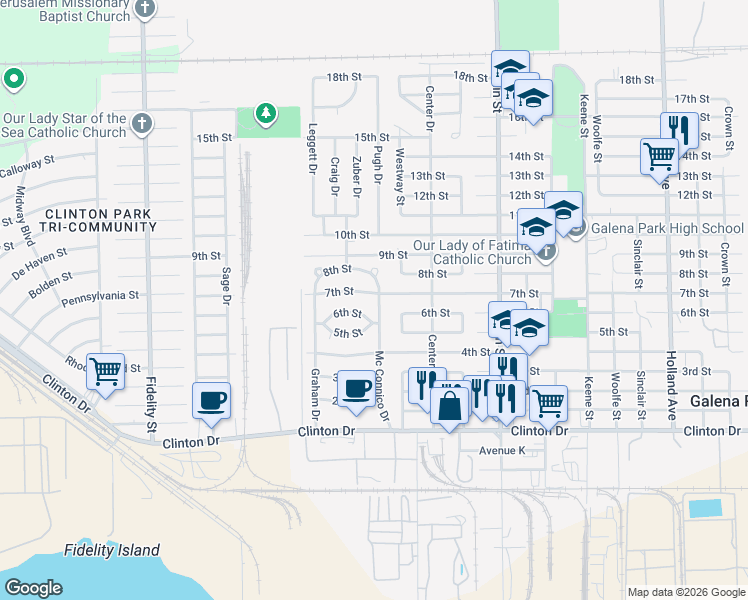 map of restaurants, bars, coffee shops, grocery stores, and more near 417 Mc Connico Drive in Galena Park