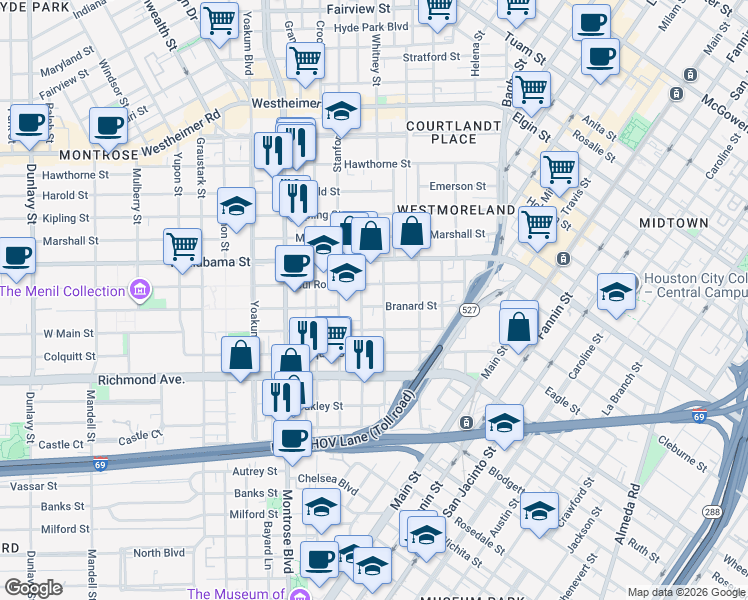 map of restaurants, bars, coffee shops, grocery stores, and more near 619 Sul Ross Street in Houston