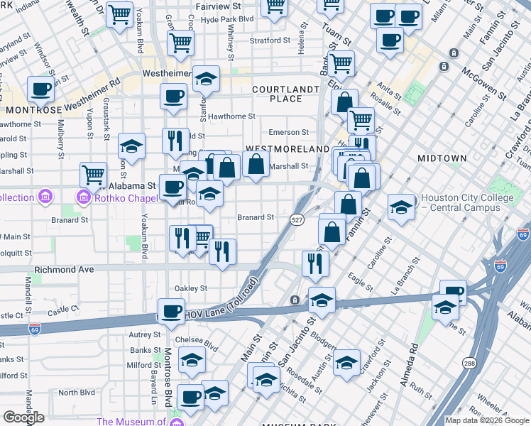 map of restaurants, bars, coffee shops, grocery stores, and more near 414 Branard Street in Houston
