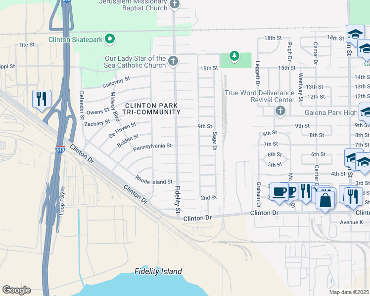 map of restaurants, bars, coffee shops, grocery stores, and more near 416 Pennsylvania Street in Houston