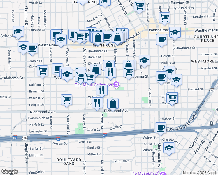 map of restaurants, bars, coffee shops, grocery stores, and more near 1533 Sul Ross Street in Houston