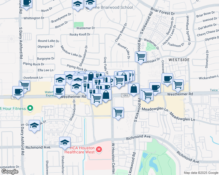 map of restaurants, bars, coffee shops, grocery stores, and more near Overbrook Lane in Houston