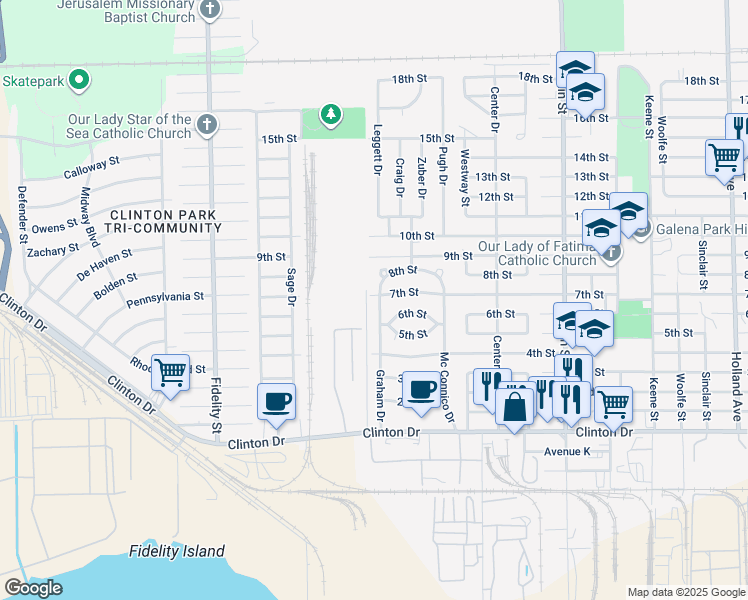 map of restaurants, bars, coffee shops, grocery stores, and more near 419 Graham Drive in Galena Park