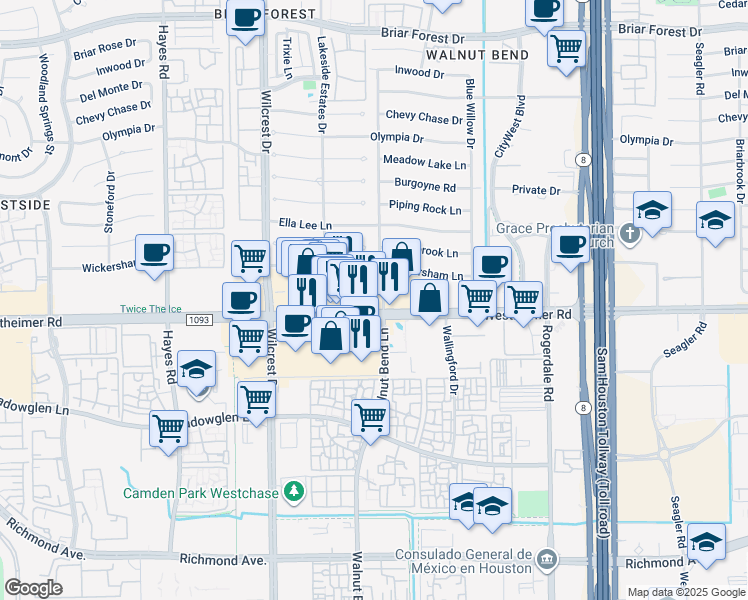 map of restaurants, bars, coffee shops, grocery stores, and more near 10826 Westheimer Road in Houston