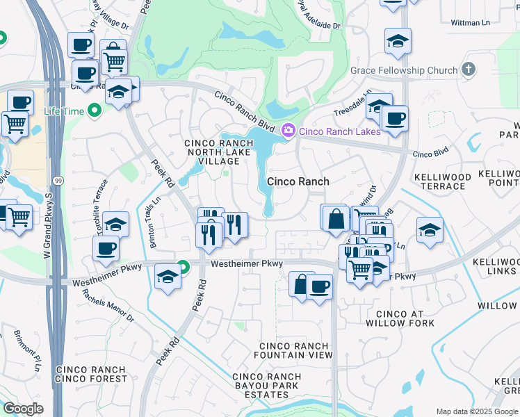 map of restaurants, bars, coffee shops, grocery stores, and more near 3418 Winding Lake Way in Katy