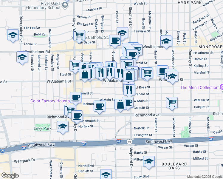 map of restaurants, bars, coffee shops, grocery stores, and more near 2209 Sul Ross Street in Houston