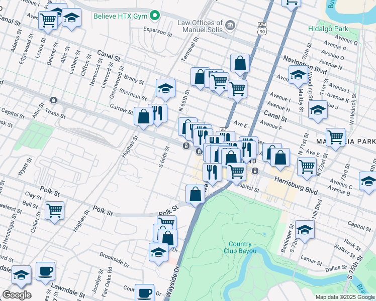 map of restaurants, bars, coffee shops, grocery stores, and more near 6642 Harrisburg Boulevard in Houston