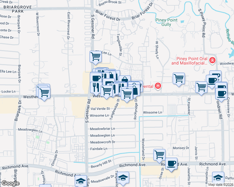 map of restaurants, bars, coffee shops, grocery stores, and more near 2700 Tanglewilde Street in Houston