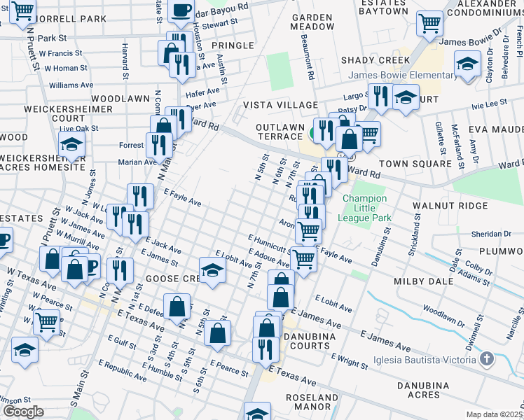 map of restaurants, bars, coffee shops, grocery stores, and more near 522 Aron Street in Baytown