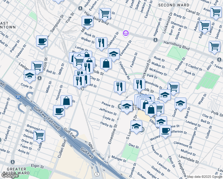 map of restaurants, bars, coffee shops, grocery stores, and more near 4341 Bell Street in Houston
