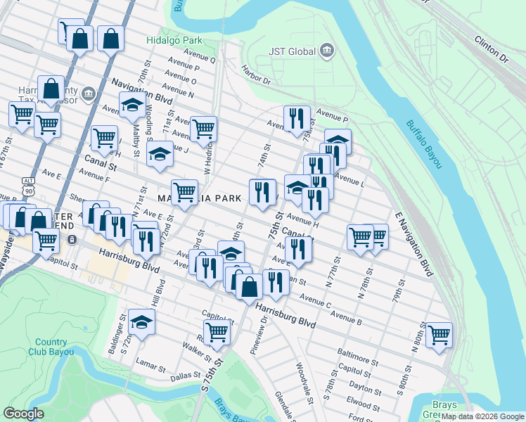 map of restaurants, bars, coffee shops, grocery stores, and more near in Houston