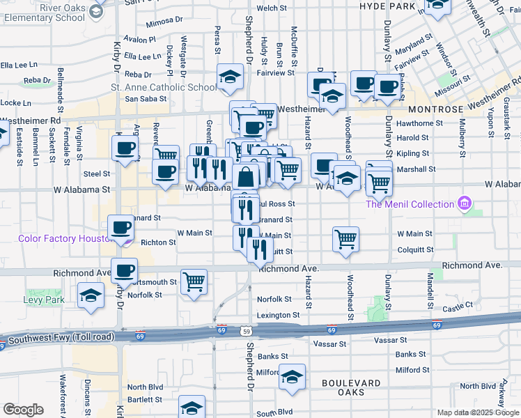 map of restaurants, bars, coffee shops, grocery stores, and more near 2059 Sul Ross Street in Houston