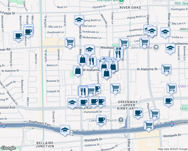 map of restaurants, bars, coffee shops, grocery stores, and more near 3805 West Alabama Street in Houston