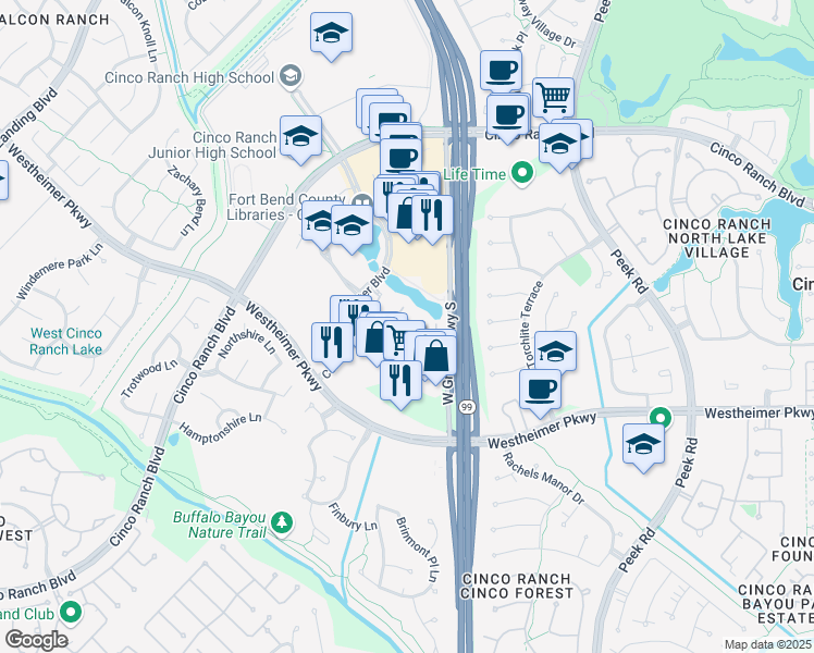 map of restaurants, bars, coffee shops, grocery stores, and more near 2727 Commercial Center Boulevard in Katy