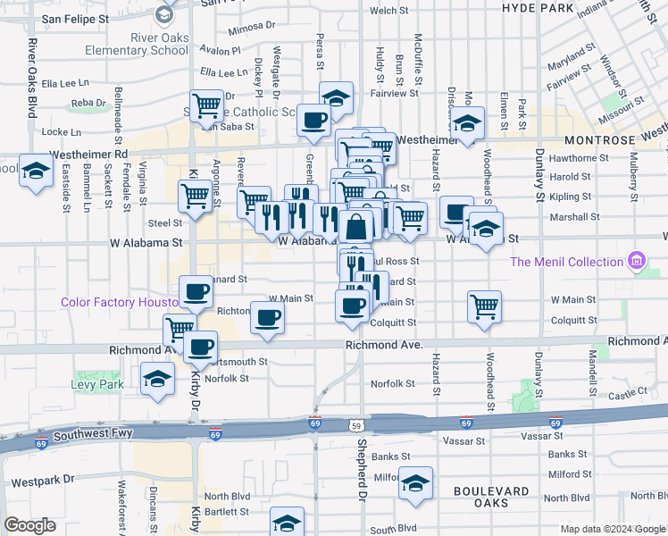 map of restaurants, bars, coffee shops, grocery stores, and more near 2125 Sul Ross Street in Houston