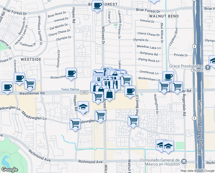 map of restaurants, bars, coffee shops, grocery stores, and more near in Houston