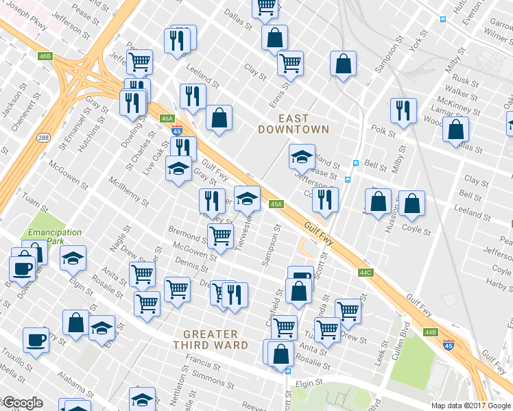 map of restaurants, bars, coffee shops, grocery stores, and more near 2113 Tierwester Street in Houston