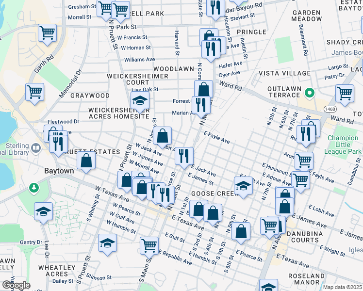 map of restaurants, bars, coffee shops, grocery stores, and more near 101 West Adoue Avenue in Baytown