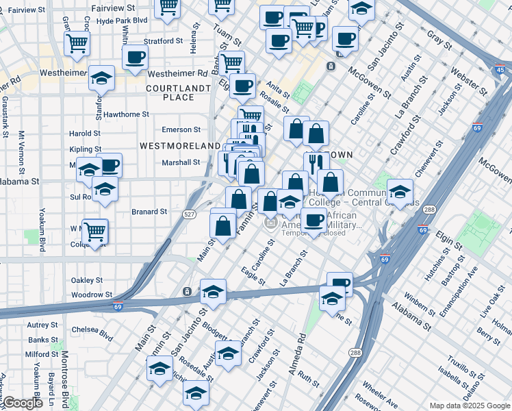 map of restaurants, bars, coffee shops, grocery stores, and more near Fannin Street & Alabama Street in Houston