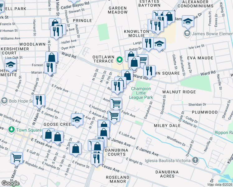 map of restaurants, bars, coffee shops, grocery stores, and more near 801 Ruth Street in Baytown