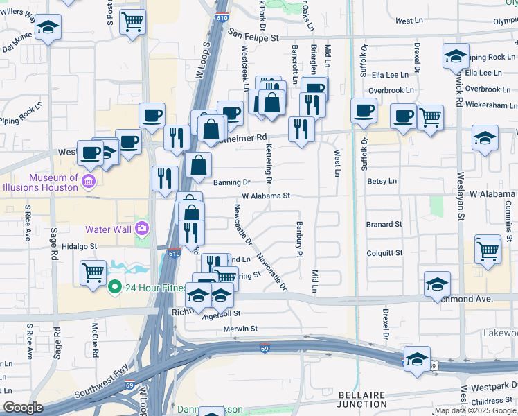 map of restaurants, bars, coffee shops, grocery stores, and more near 3106 Kettering Drive in Houston