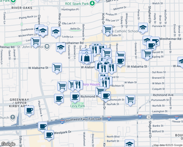map of restaurants, bars, coffee shops, grocery stores, and more near 3018 Virginia Street in Houston