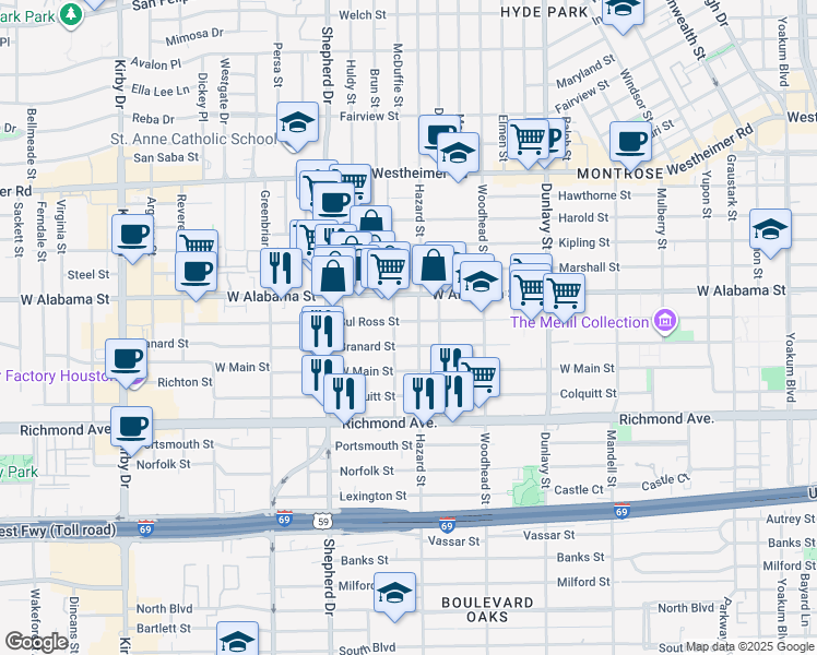 map of restaurants, bars, coffee shops, grocery stores, and more near 1907 Sul Ross Street in Houston