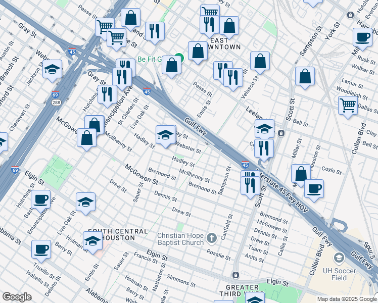 map of restaurants, bars, coffee shops, grocery stores, and more near 3130 Webster Street in Houston