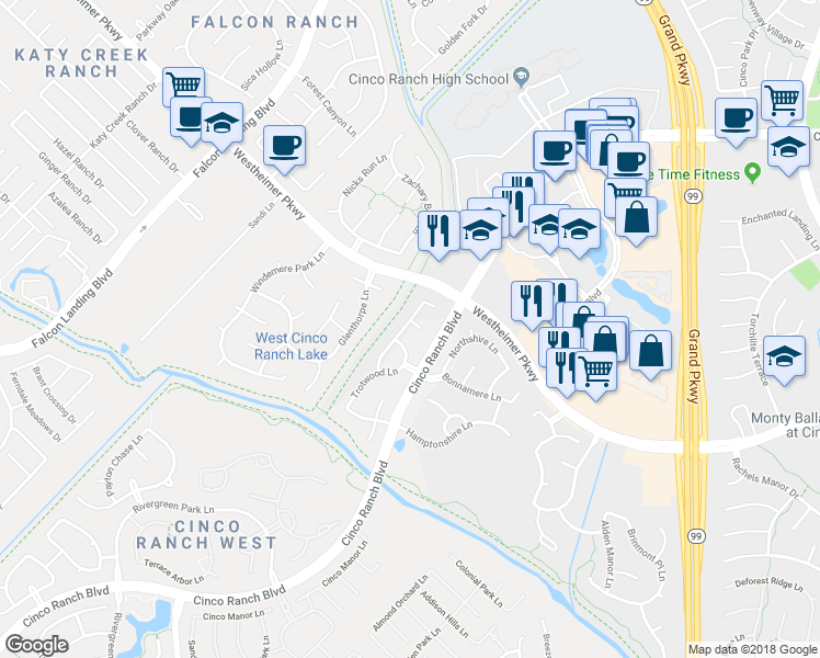 map of restaurants, bars, coffee shops, grocery stores, and more near 24219 Chesterton Court in Katy