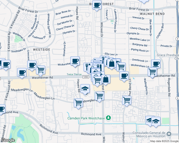 map of restaurants, bars, coffee shops, grocery stores, and more near 11200 Farm to Market 1093 in Houston
