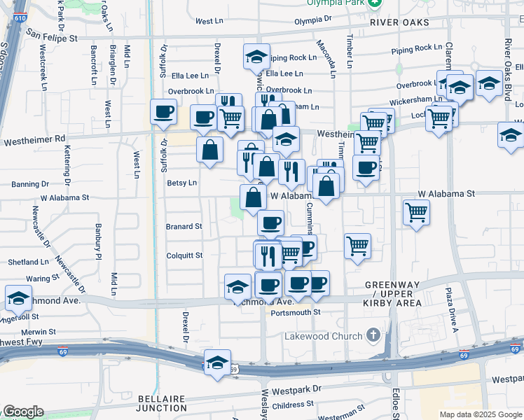 map of restaurants, bars, coffee shops, grocery stores, and more near 3113 Weslayan Street in Houston
