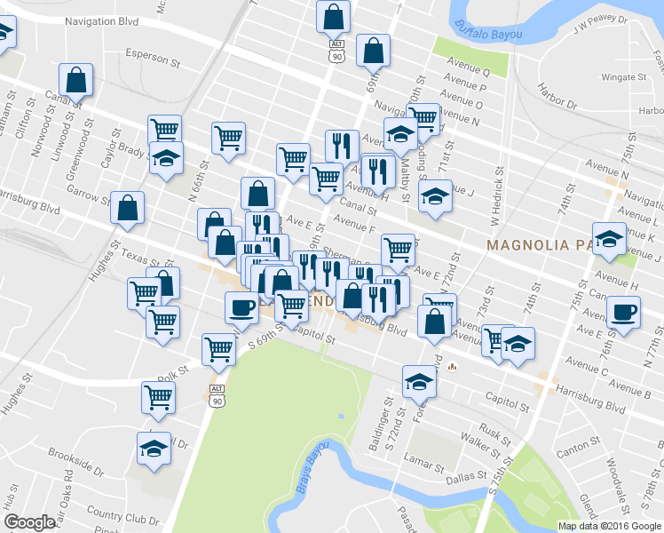 map of restaurants, bars, coffee shops, grocery stores, and more near 6917 Avenue C in Houston